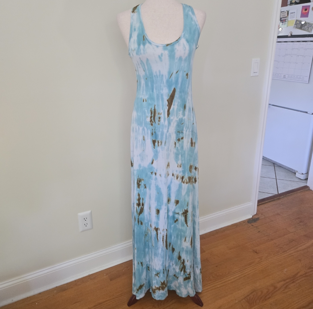 NWT T Party Fashion Aqua and Brown Tie-Dye Sleeveless Maxi Dress